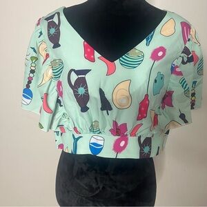 Women’s Mint Green Printed V-Neck Ruffle Sleeve Crop Top & Matching Shorts Sz XL